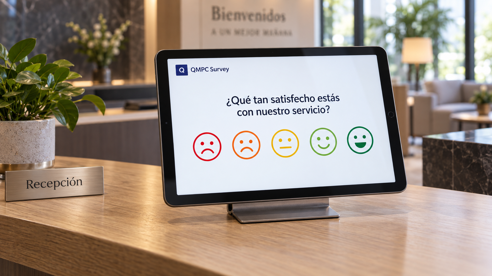 Imagen promocional de QMPC Survey en una tableta de recepción